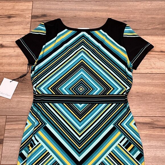 Calvin Klein Sheath Dress SZ 6 Pullover Stretch Turquoise Yellow Short Sleeve - Picture 9 of 11